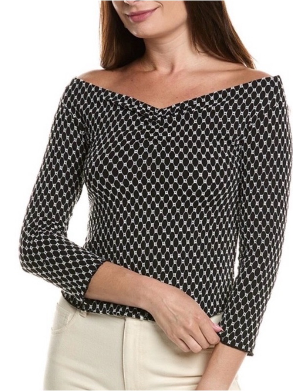 NWT Free People Gia Eyelet Off-Shoulder Black & White Geometric  96% Cotton